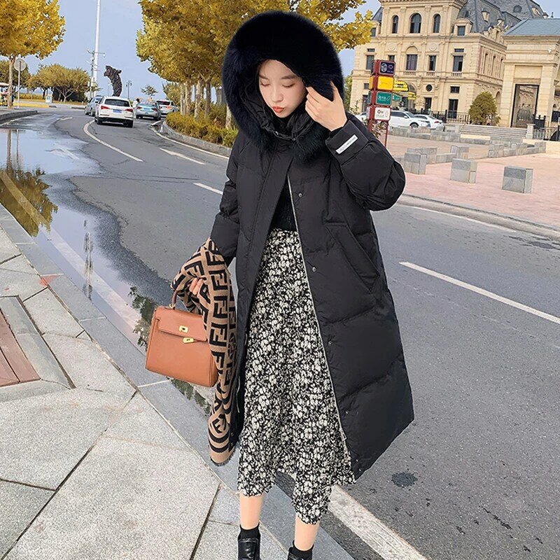 Coreano inverno feminino grosso para baixo acolchoado jaqueta casaco 2021 novo com capuz meados de comprimento solto casaco de algodão grande gola de pele puffer jaqueta