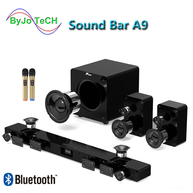 Jy audio-soundbar bluetooth, a9, som surround 5.1, home theater, 8 partes, integrado, tv, alto-falante, coaxial, com 8 argolas, subwoofer
