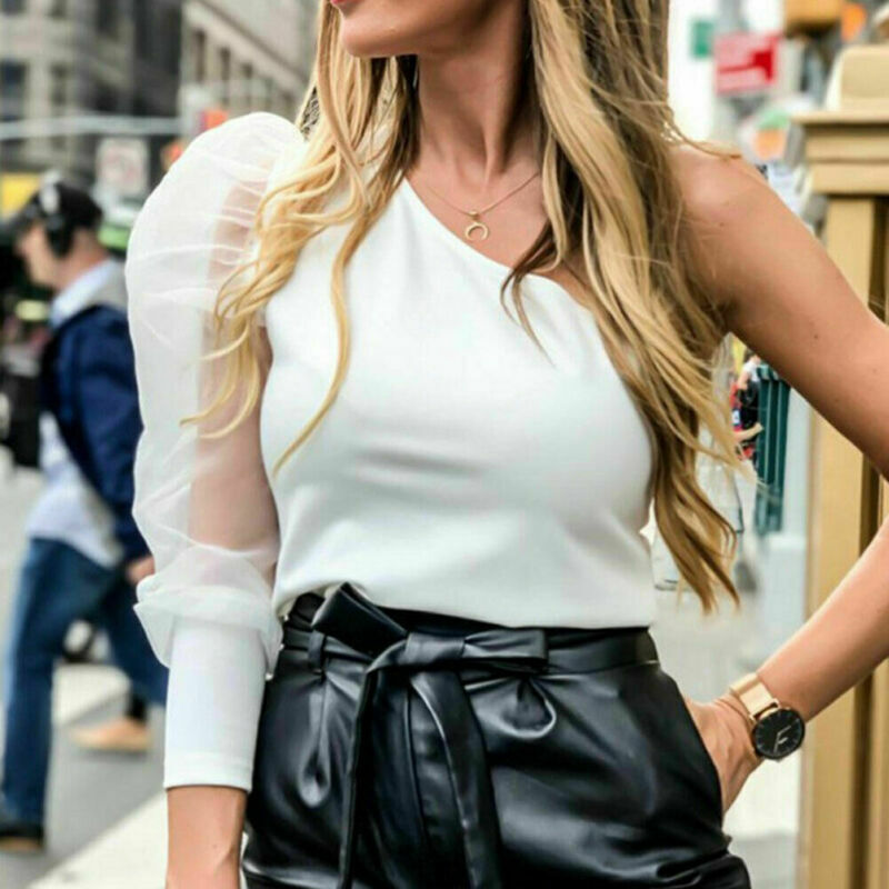 Camicia da donna monospalla da donna camicia a rete a rete trasparente manica a sbuffo Top Sexy Top abbigliamento donna Slim Fit blusa feminina femminile