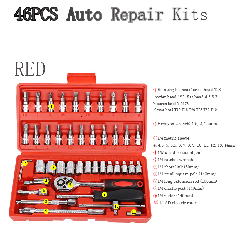 New 46Pcs Socket Wrench Tool Set Car Repair Hand Tool Kit Ratchet Repair Kit Auto Repair Kit Hand Tool Set Woodworking Tools