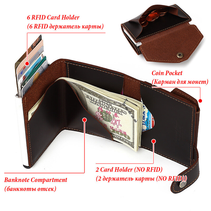 Da Ngựa Thẻ Ví Nam Kim Loại RFID Ngăn Chặn Vintage Nhôm Ví Tiền Xu Cao Cấp Ngân Hàng Chủ Thẻ