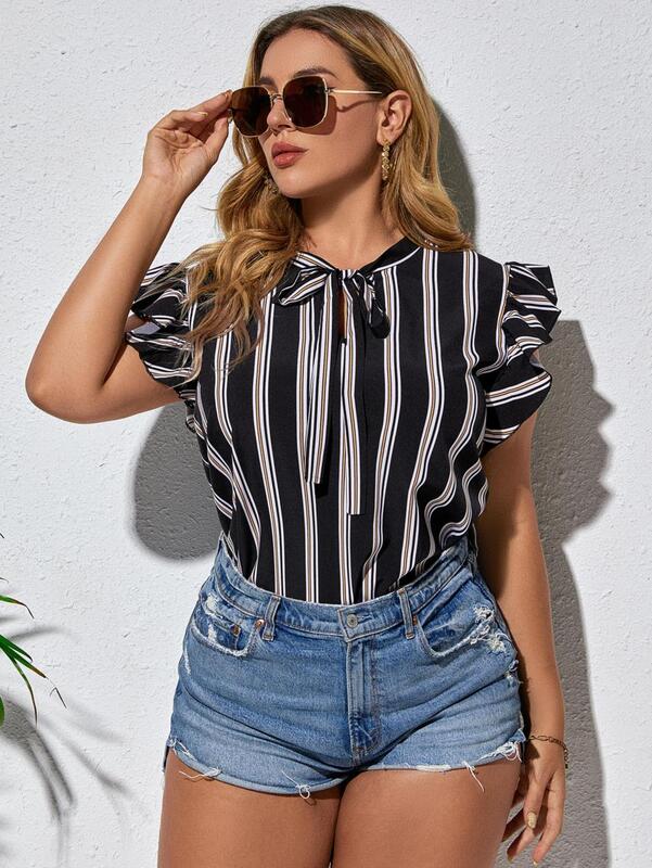 2021 Summer Blouse Shirt Women Lace Up Bow Tie Collar Ruffles Short Sleeve Striped Print Casual Blouse Plus Size Ladies Tops