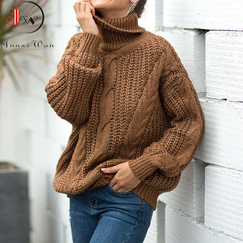 Женский свитер большого размера 2022, свободный осенне-зимний элегантный вязаный теплый пуловер с высоким воротником, модные однотонные топы...