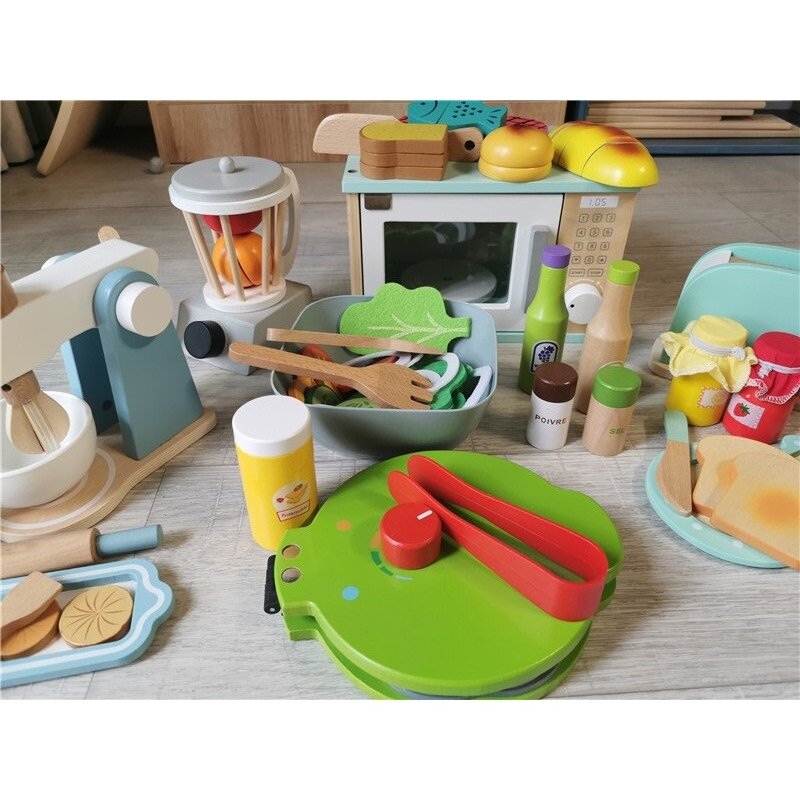 Dziecko drewniana zabawka kuchenna drewniany ekspres do kawy toster maszyna do lodów mikser do żywności sokowirówka piekarnik dla dzieci udawaj Motessori Toy