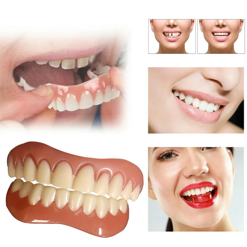 Denti finti superiori/inferiori in Silicone impiallacciature perfette per risate protesi per denti strumenti per l'igiene orale denti finti sorriso istantaneo denti cosmetici