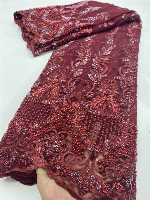 Wine Nigerian Lace Fabrics Handmand Beaded Lace Fabric 2020 High Quality Lace African French Lace Fabric For Sewing YA3617B-8