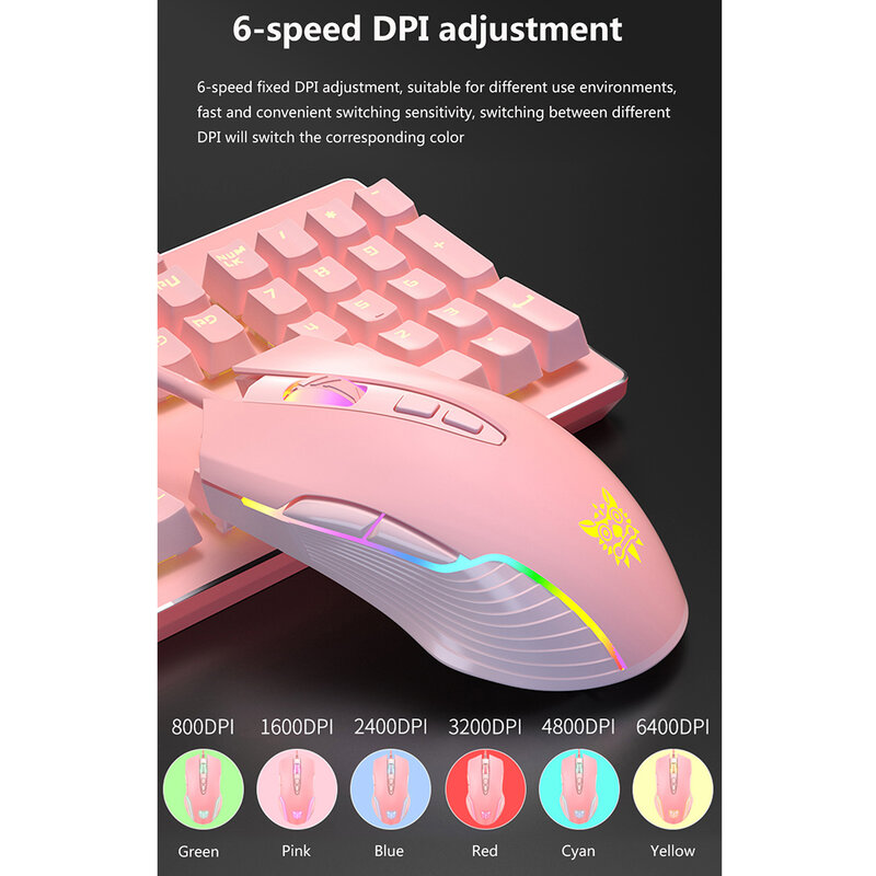 Mouse para jogos com fio usb, dpi ajustável de 6 velocidades 6400dpi, mouse óptico de luz rgb de 7 botões, adequado para pc, laptops, gamer
