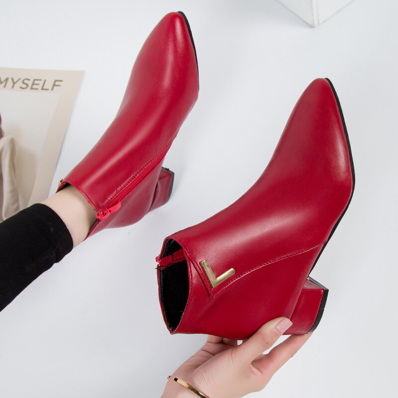Năm 2020 Thời Trang Giày Bốt Nữ Da Thật Giày Thấp Giày Cao Gót Độn Người Phụ Nữ Mũi Nhọn Cao Su Mắt Cá Chân Giày Đen Đỏ Zapatos mujer