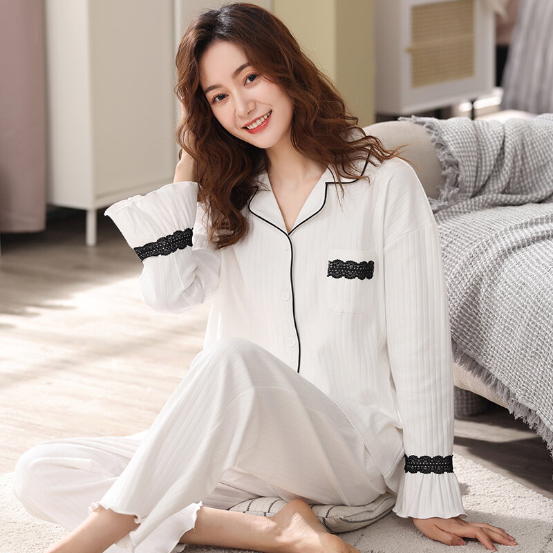 Pure Cotton Pajamas Women Pink Pijamas Nightwear Cotton Homewear Lace Sleepwear for Ladies 2023 Elegant PJ Set Soft Pyjama Femme