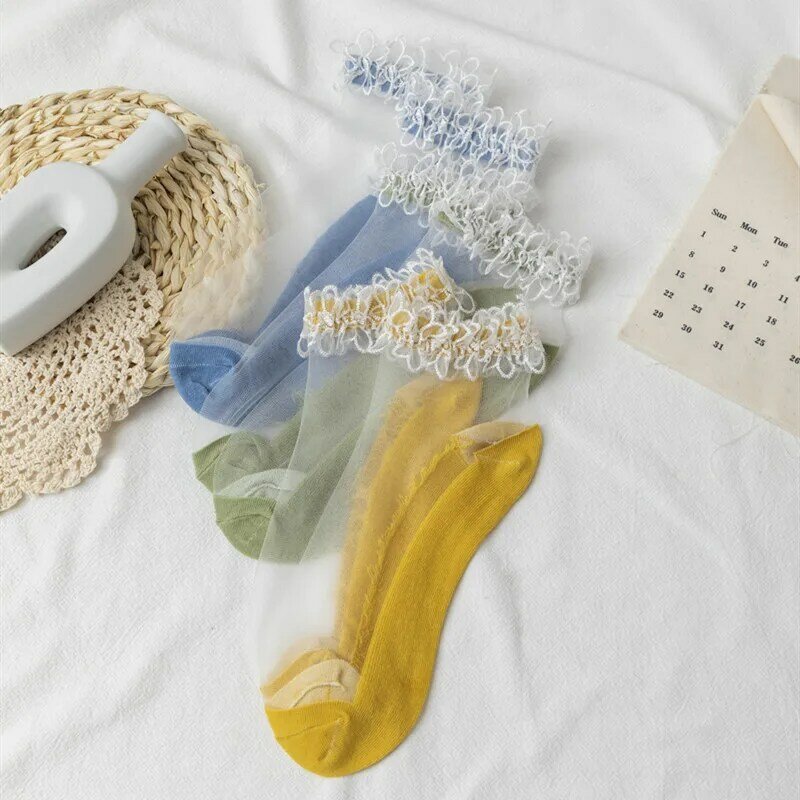Носки женские ультратонкие, воздухопроницаемые прозрачные кружевные шелковые эластичные короткие для девушек, 1 пара, с цветами розы, летни...