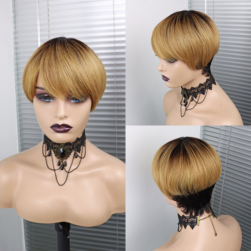 Pelucas de cabello humano brasileño Remy para mujeres negras, hecho a máquina completo corte Pixie, pelo liso, Pixi corto