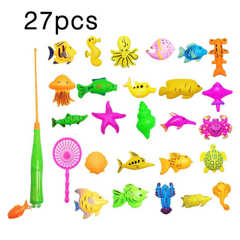 Conjunto de brinquedos de pesca magnéticos, 27 peças, brinquedo para banho de bebê, jogo de pesca, 1 vara, 1 rede, 25 ímã, peixe, brinquedo de pesca interno e externo