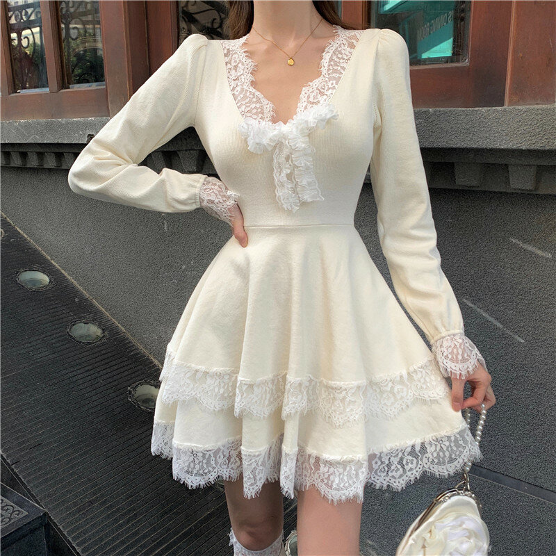 Sweet Lolita – Mini robe de princesse en dentelle tricotée pour femmes, tenue Chic, col en v, tricotée, à volants, manches longues, Sexy, gothique, Slim, robe de soirée