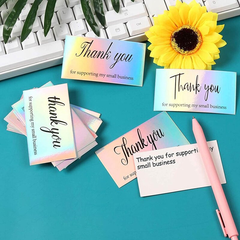 50 Pcs/set Holographic Laser Effect Thank You Paper Card Thank You Support For Small Businesses Decor Small Shop Gift Packet