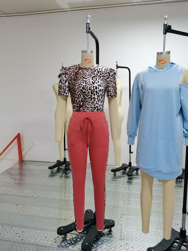 Women Clothing 2021 Winter Women's Set Cheetah Print Top & Colorblock Drawstring Pants Set