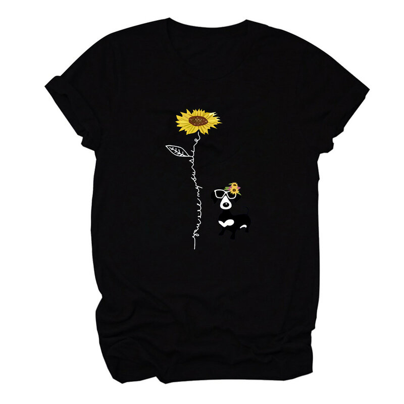 Unisex casual moda girassol flor filhote de cachorro cachorro impressão de manga curta blusas de cor sólida all-match camisa presente do dia dos namorados