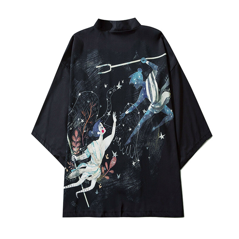 2021 japanischen Stil Vintage Print Abdeckung Up Cardigan Shirts männer Casual Lose Vorne Offen 3/4 Hülse Bluse Top Männlichen kleidung