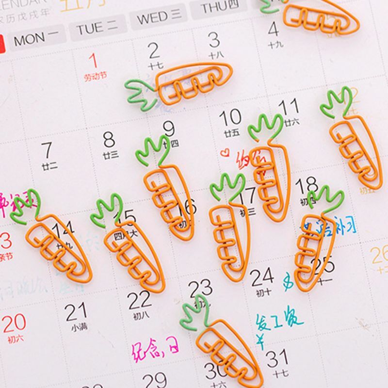 Clipe de papel de metal em forma de cenoura, 6 peças, criativo, kawaii, pino, marcador, papelaria, escola, material de escritório, decoração