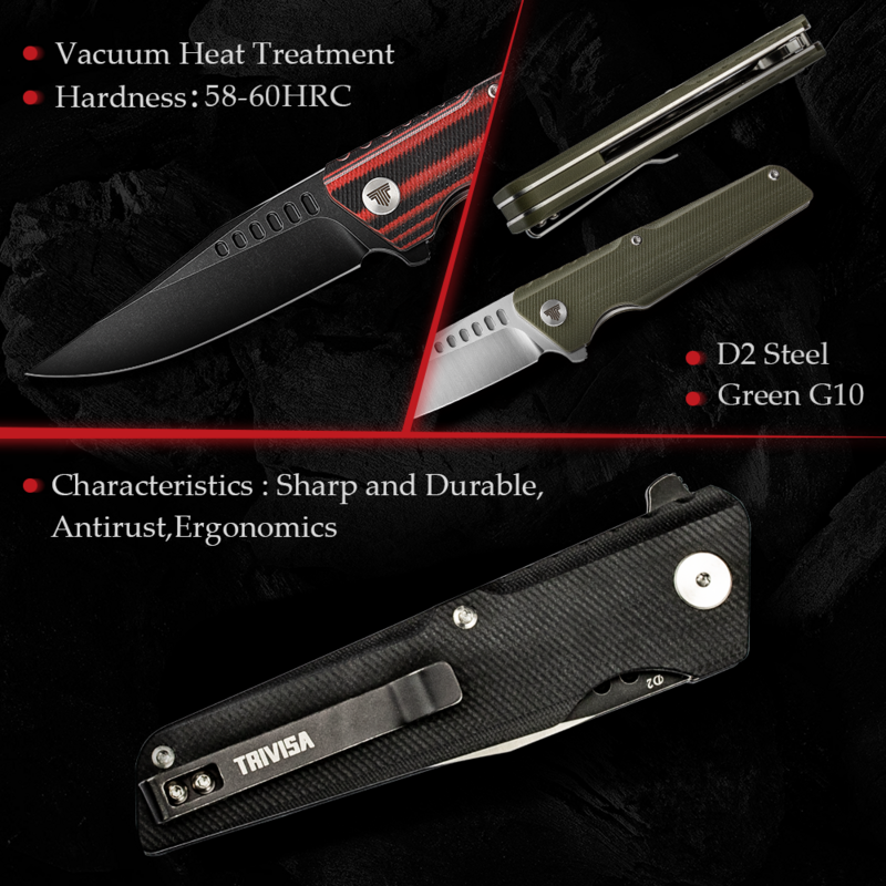 TRIVISA-cuchillo plegable de bolsillo con aleta abierta, cuchillo plegable EDC con Clip para hombre, hoja de acero D2 de 3,66 "y mango G10 para exteriores