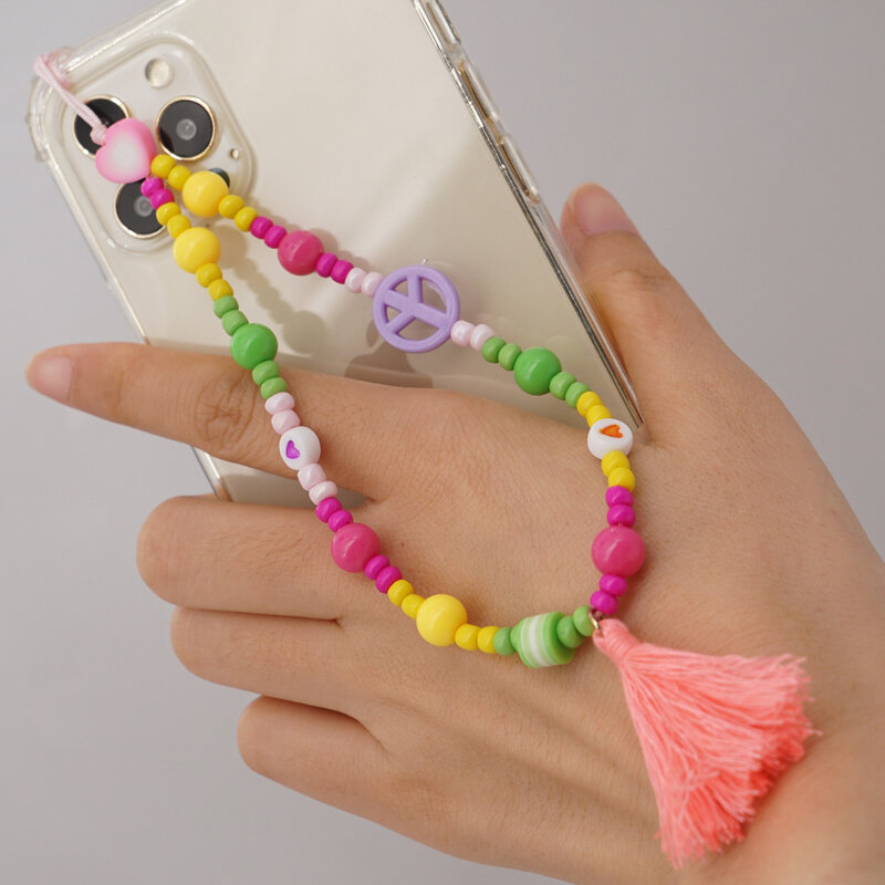 트렌디 한 다채로운 아크릴 비즈 여성을위한 휴대 전화 체인 여자 핸드폰 스트랩 안티-분실 끈 매달려 코드 쥬얼리 선물