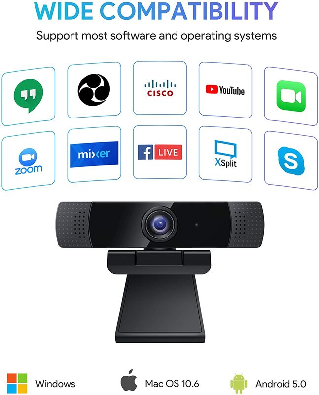 2021 a webcam a mais atrasada de 1080p com microfones estereofônicos duplos, câmera completa do computador da web do desktop de hd usb com correção clara automática para