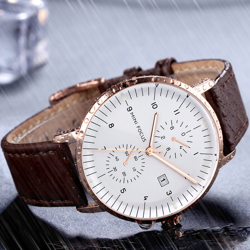 MINI FOCUS-reloj de cuarzo con correa de cuero genuino para hombre, cronógrafo de pulsera clásico de negocios, con indicador automático de fecha, color marrón