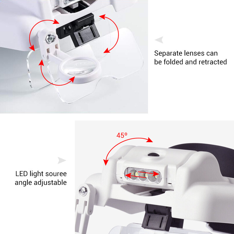 Cabeça de lupa multi-funcional led lupa montado com 5 lentes substituíveis ferramenta de reparo relojoeiro