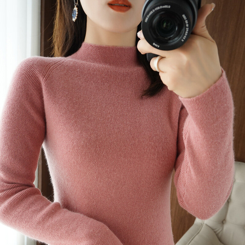 Mid-Neck Sweater Women's Spring, Autumn  Winter 2021 New Half-High Neck Bottoming Sweater All-Match Long-Sleeved Blouse Pullover