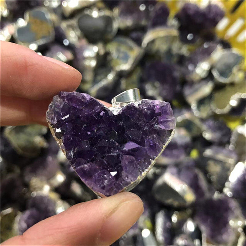 Spiritual Healing Crystals Jewelry Natural Heart Shaped Uruguay Amethyst Cluster Pendants For Gift