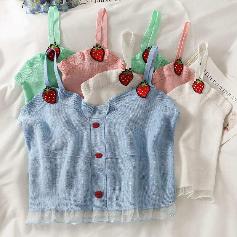 Camisole tricotée Style Lolita pour femmes, jolie camisole brodée de fraises, débardeur en maille à volants, Harajuku Y2k, nouvelle collection