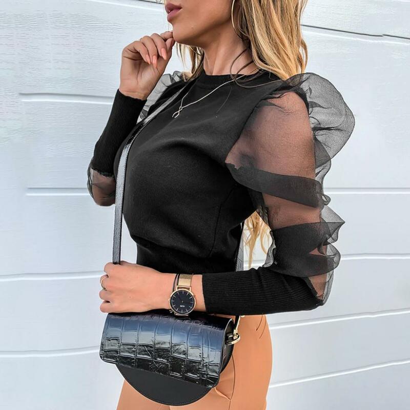 Women Long Sleeve Sheer Mesh Blouse Sexy Puff Sleeve Tops Vintage Pearls Sleeve Baggy Blouse O-neck Shirts Fashion Female Blusas