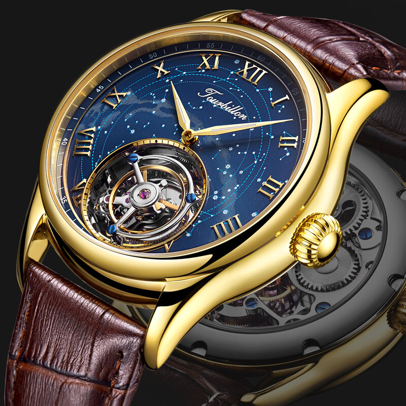 Ezopa 100% prawdziwy mechaniczny zegarek z tourbillonem Vintage skórzany Hollow Sapphire Star zegarek męski luksusowy zegarek 2021 Relogio Masculino