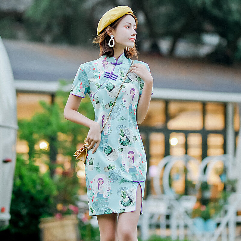 Vestido Cheongsam de verano para chica joven, bonito Anime, conejo, flor de cerezo, rosa, estilo chino, estampado de gato rosa, Color negro, S-3xl
