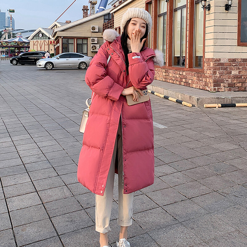 韓国-女性の冬の厚手のパッド入りジャケット,フード付きコート,ミッドロングルーズコットン,ファーカラー,2021