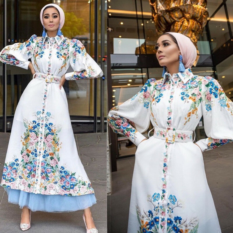 2021 Arabische Vrouwen Digital Print Mid-Taille Lange Rok Modieuze Puff Mouwen Revers Gewaad Comfortabele Zachte Stof Moslim jurk