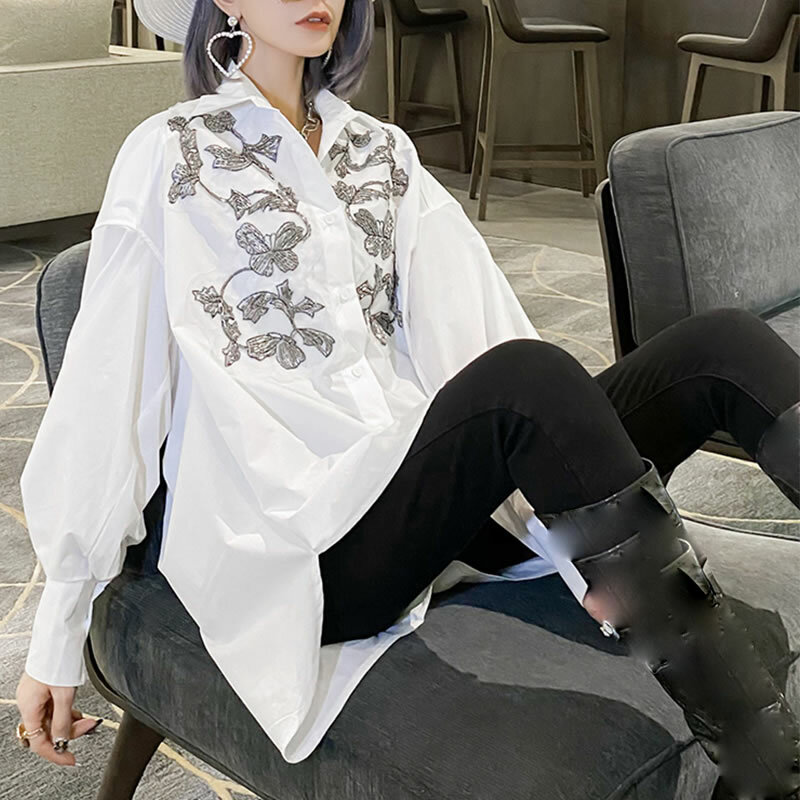 XITAO Tide белая рубашка в стиле пэчворк с бусинами женская одежда 2021 Весенняя Новая модная Повседневная блуза с отложным воротником и длинным р...