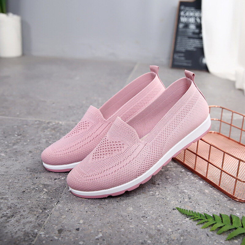 Zapatillas de deporte ligeras informales para mujer, zapatos vulcanizados de punto de malla transpirable de verano, planos de talla grande, zapatos de red voladora