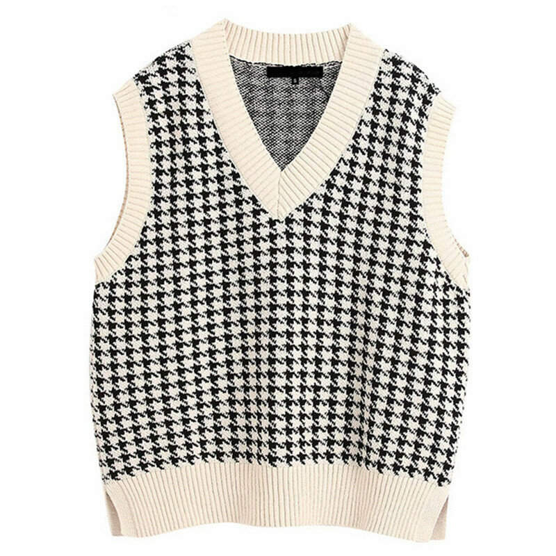 Oversized Houndstooth Knitted Vest Sweater Women Vintage Sleeveless Side Vents Female Waistcoat Chic Tops Fashion Women Pullover