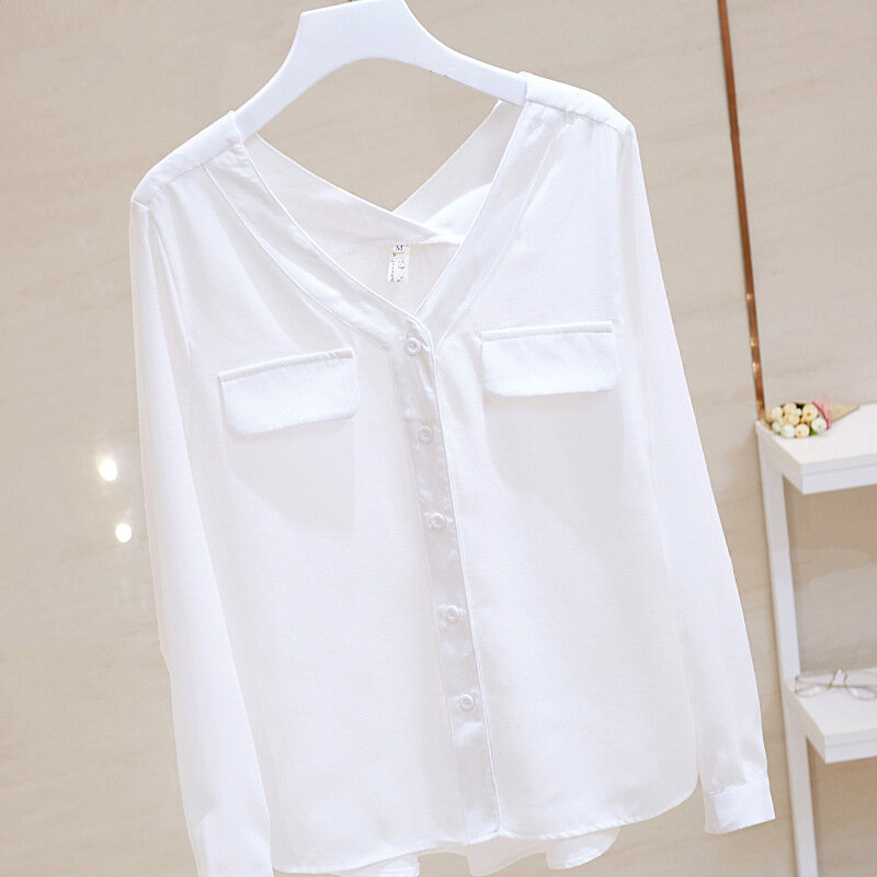 Tops ajustados con cuello en V para mujer, elegante camisa de manga larga con doble bolsillos, color blanco, talla grande