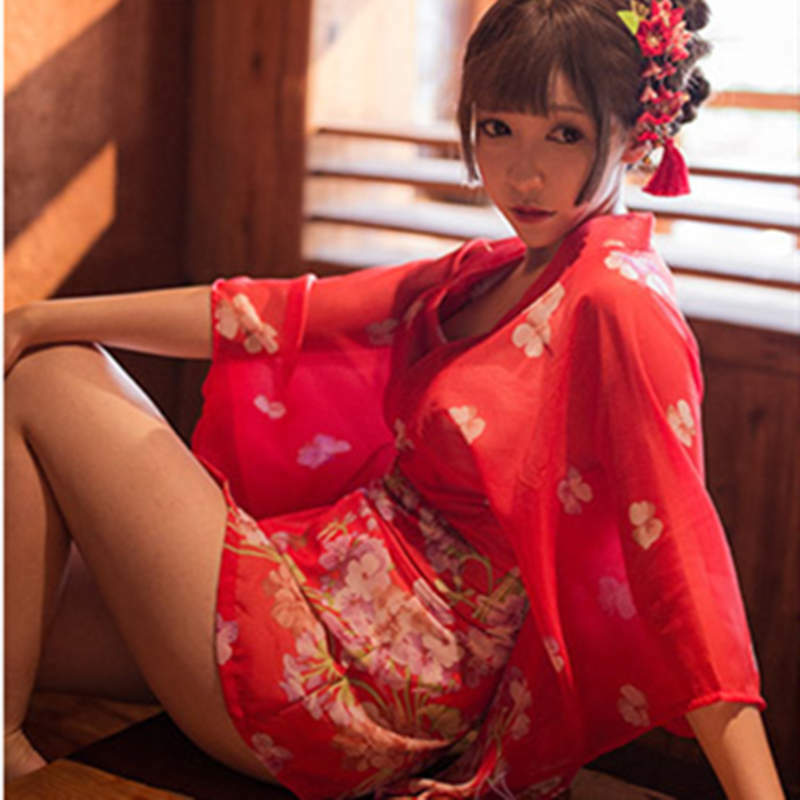 New Sexy Lingerie Net Yarn Red Exquisite Printed Chiffon Waist Bow Tie Wide Sleeves Perspective Retro Kimono Japanese Set