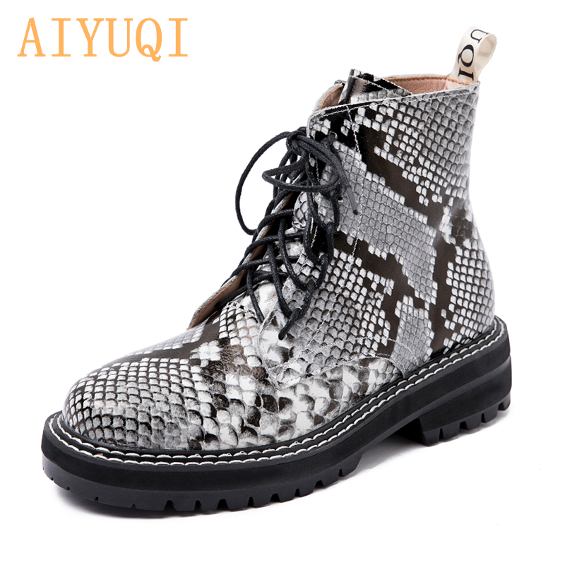 AIYUQI/Женская обувь; Коллекция 2021 года; Женские Ботинки Martin; Весенняя Дамская змеиная обувь из натуральной кожи; Модные ботильоны на шнуровке
