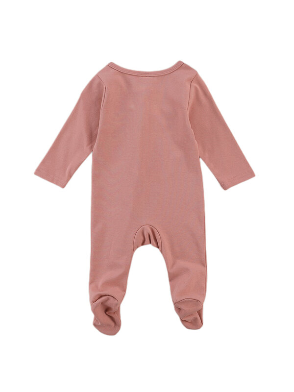 Newborn Solid Color Romper, Infant Long Sleeve Round Neck Zip-up Footed Jumpsuit 0-6 Months Baby Clothing