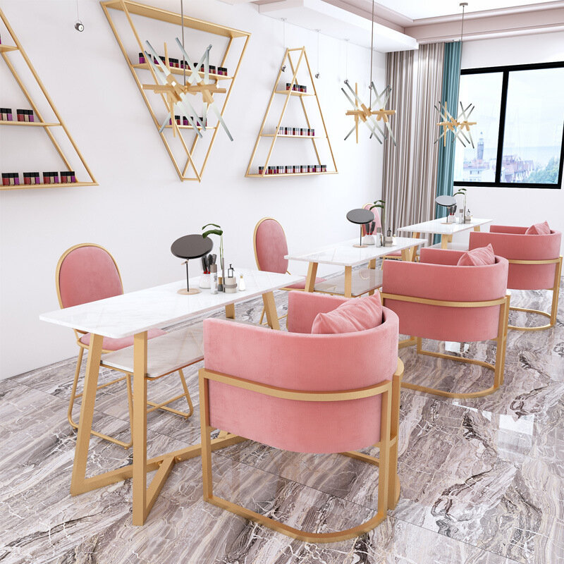Meja Manikur Marmer Mewah Cahaya Nordic dan Set Kursi Salon Kecantikan Meja Manikur Ganda dan Kursi Meja Kuku Meja Merah Muda