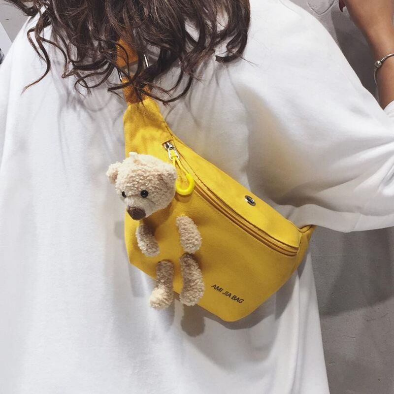 女性のためのクマのキャンバスバッグ2021新しいタイド素敵な学生の胸の小さな純粋で新鮮でジョーカーの下のポケット