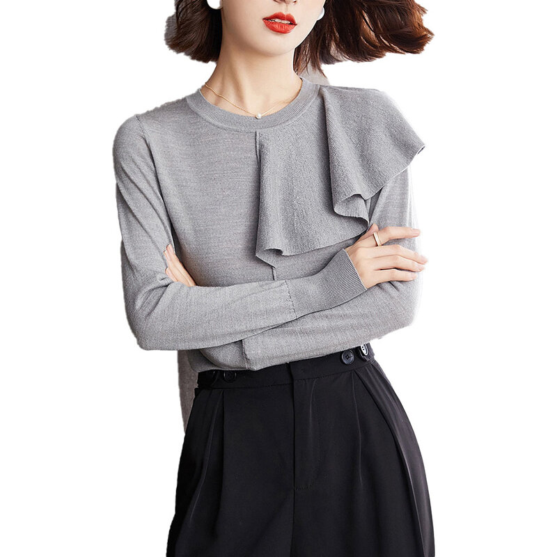 Damski dzianinowy sweter francuska elegancka, z falbanami szwy swetra 2021 jesienno-zimowa moda w stylu koreańskim okrągły kołnierzyk dzianinowy Tshirt