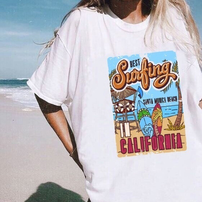 Camiseta informal de playa para mujer, blusa blanca, camisa retro de estilo surf, ropa informal oversize