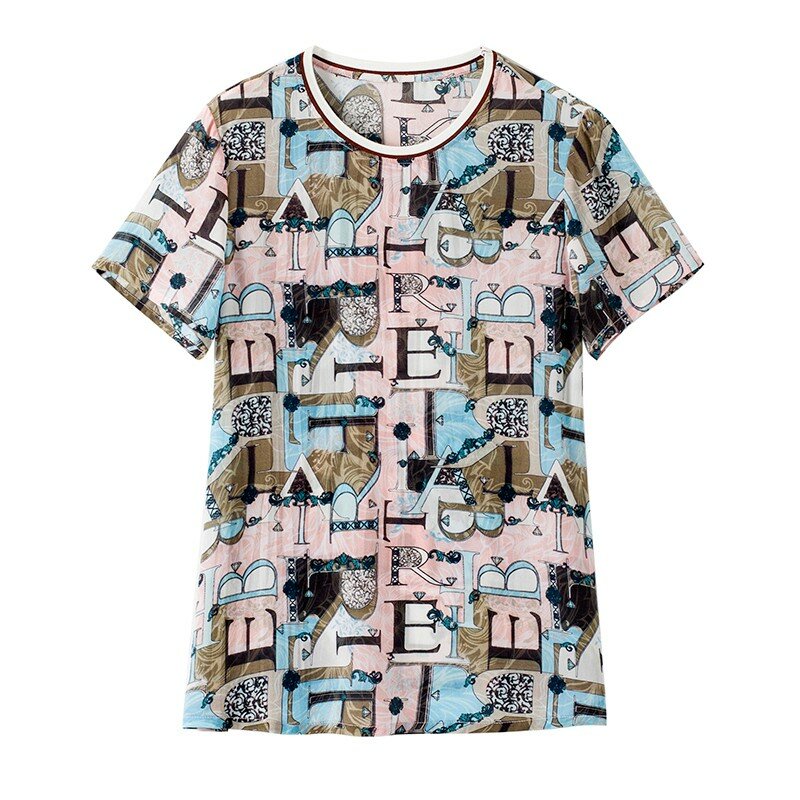 Yg – T-shirt col rond pour femme, haut en soie imprimé, lettres populaires européennes et américaines, en soie mûre, nouvelle collection été 2021