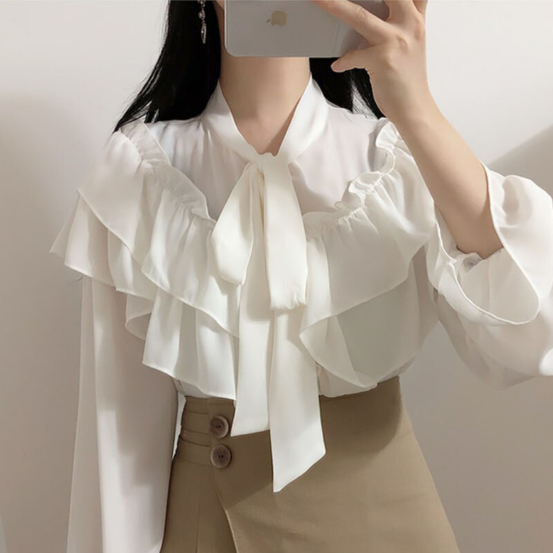 الكورية شيك قميص المرأة الجديدة الحلو لوتس ليف القوس الدانتيل متابعة بلوزة أنيقة الشيفون