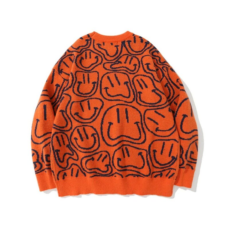 2021 koreański mody Smiley żakardowe pomarańczowy rocznika mężczyzn luźny sweter z dzianiny dorywczo kobiet swetry salon nosić Sueter Masculino