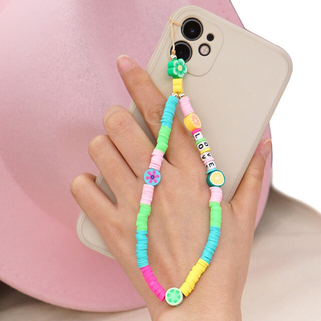 Correa de teléfono móvil para mujer, cuerda de cerámica suave con perlas sonrientes de colores, cordón colgante para funda de teléfono móvil, novedad de 2021